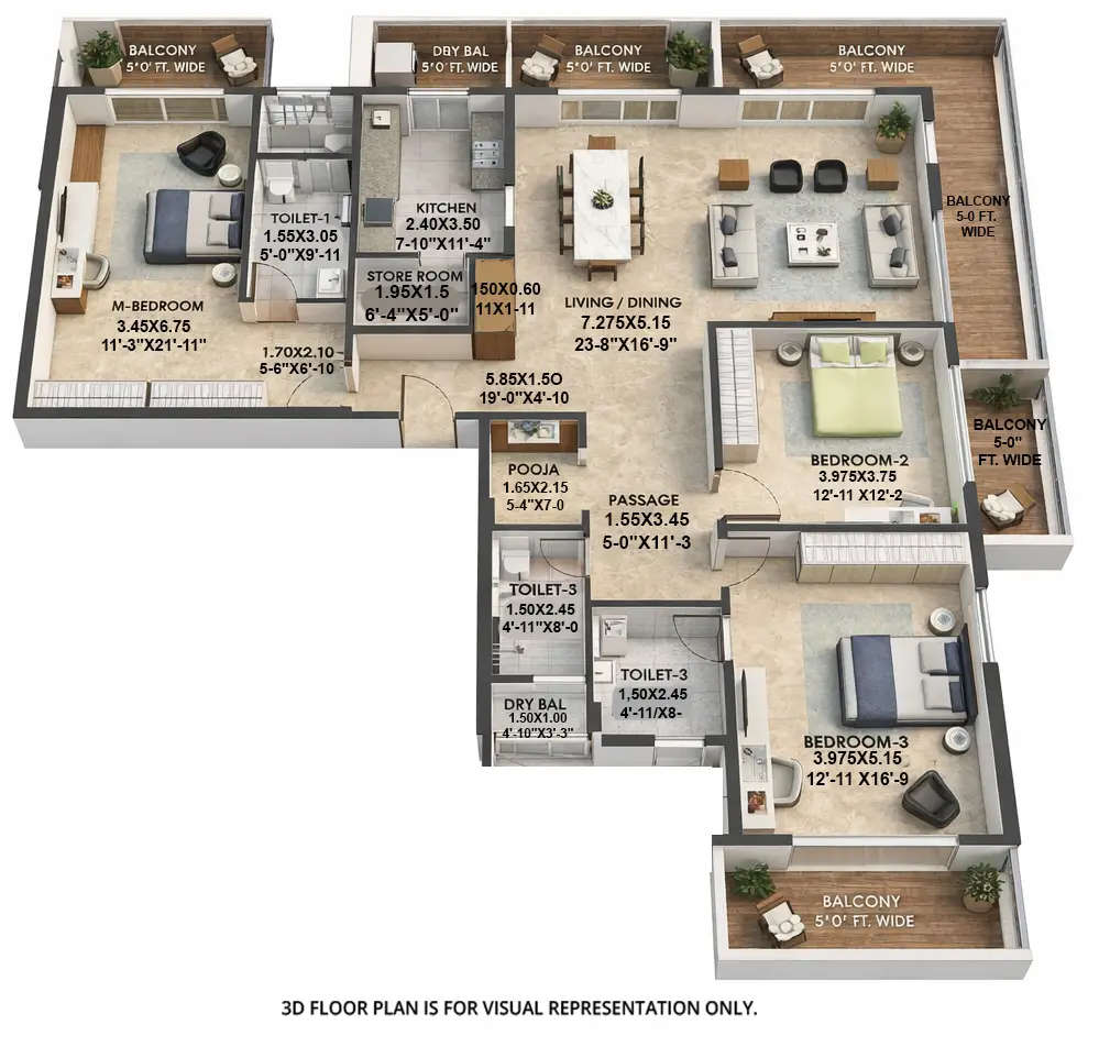 Floor plan for 3 BHK