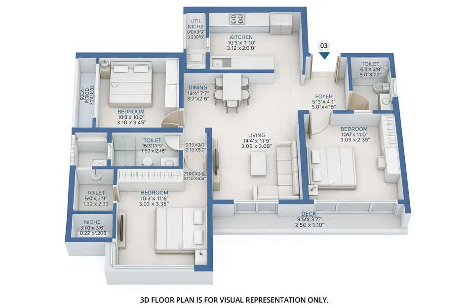 Floor plan for 3 BHK