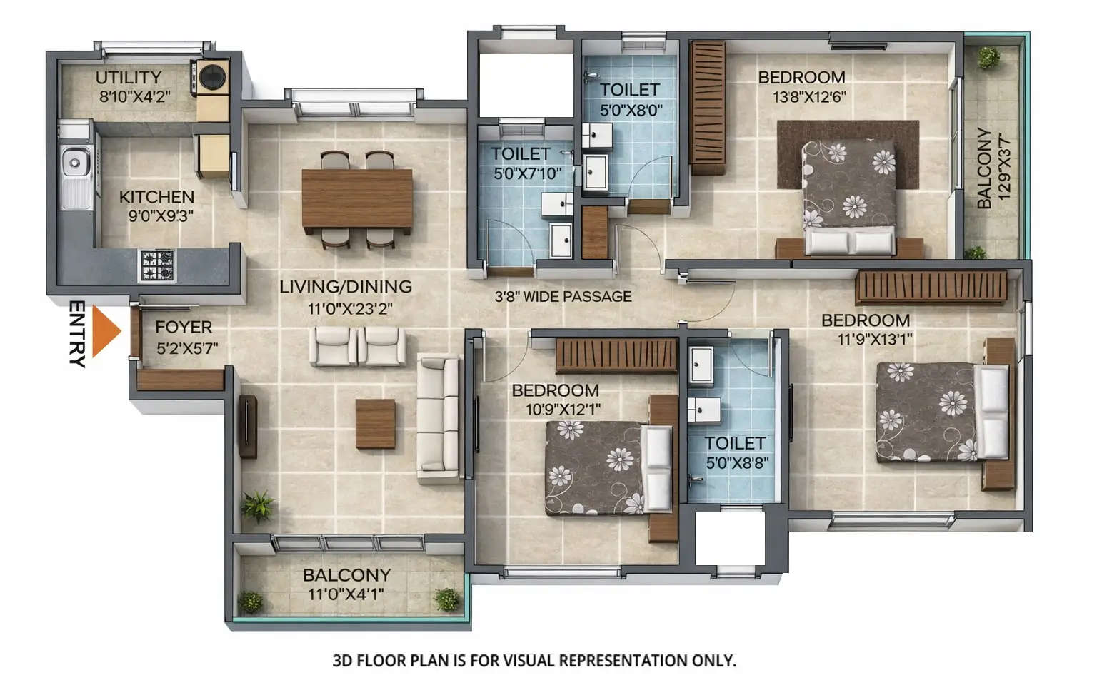 Floor plan for 3 BHK