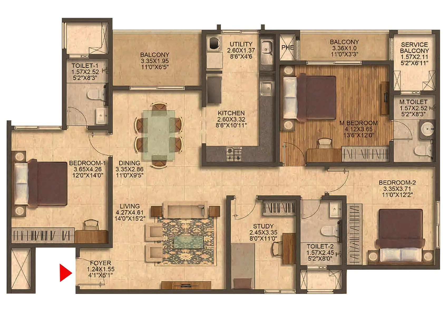 Floor plan for 3 BHK