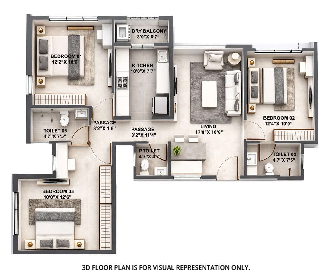 Floor plan for 3 BHK