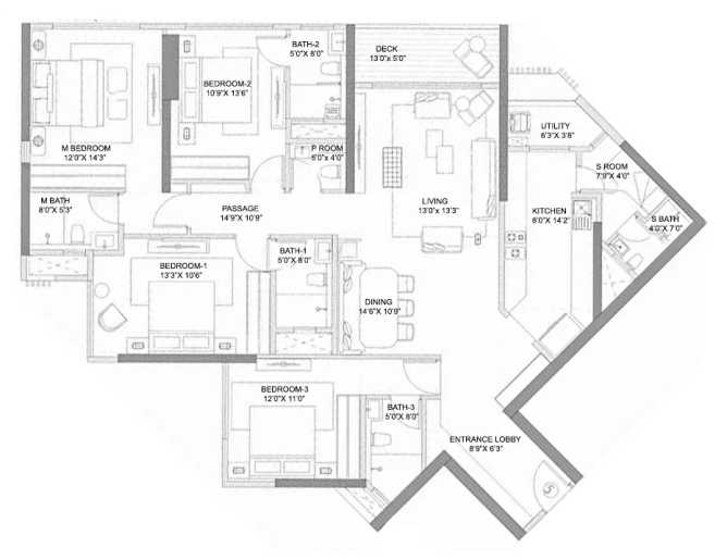 Rustomjee Crescent Bandra - Floor plan 4 BHK 1763 Sq.ft