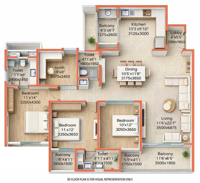Pristine O2 World Kharadi - Floor plan 3.5 BHK 1392 Sq.ft