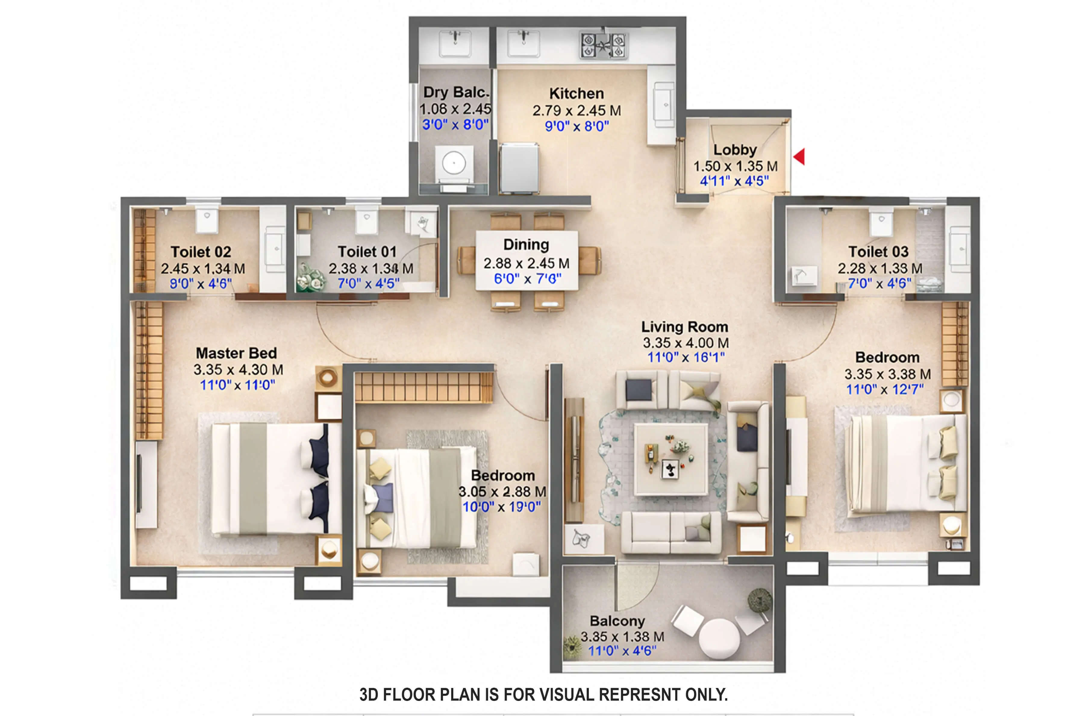 Floor plan for 3 BHK