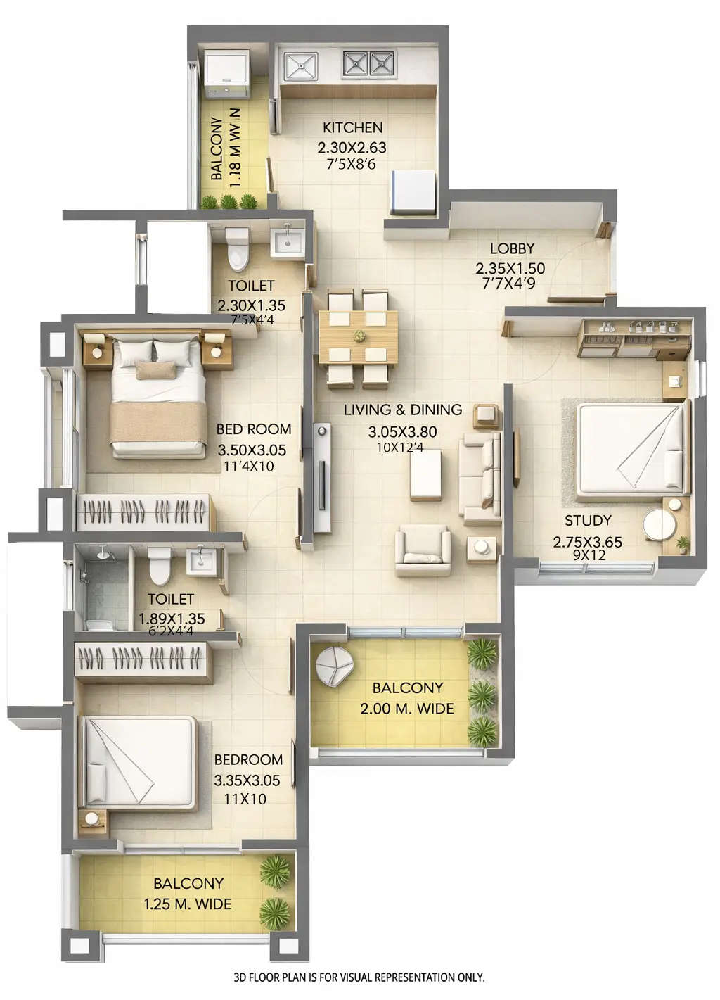 Floor plan for 3 BHK
