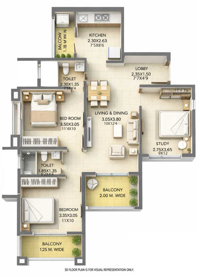 Puranik Abitante Fiore Bavdhan - Floor plan 3 BHK 867 Sq.ft