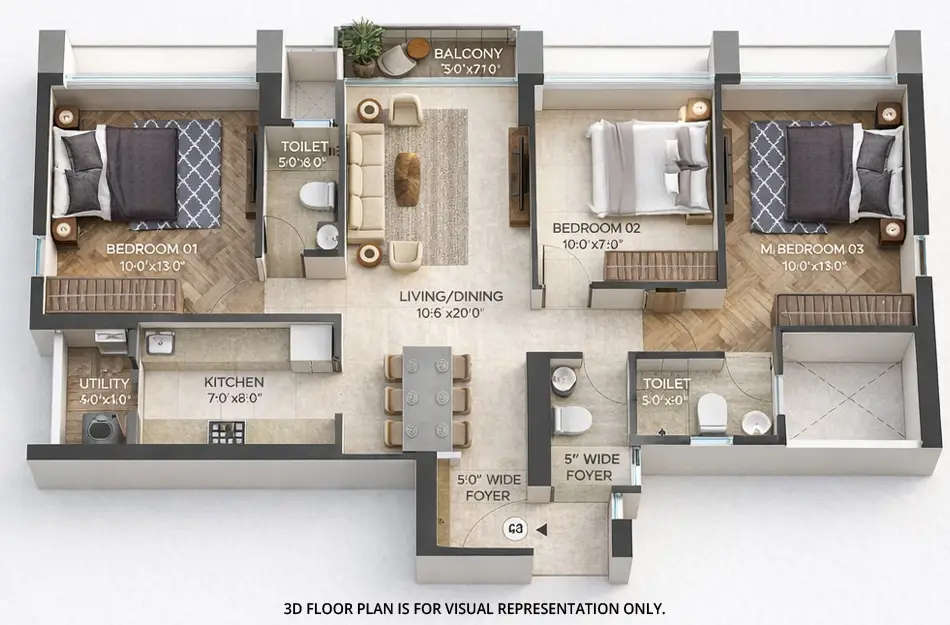 Floor plan for 3 BHK