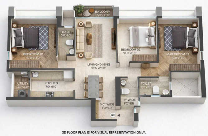 Runwal 25 Hour Life Ghodbunder Road - Floor plan 3 BHK 951 Sq.ft