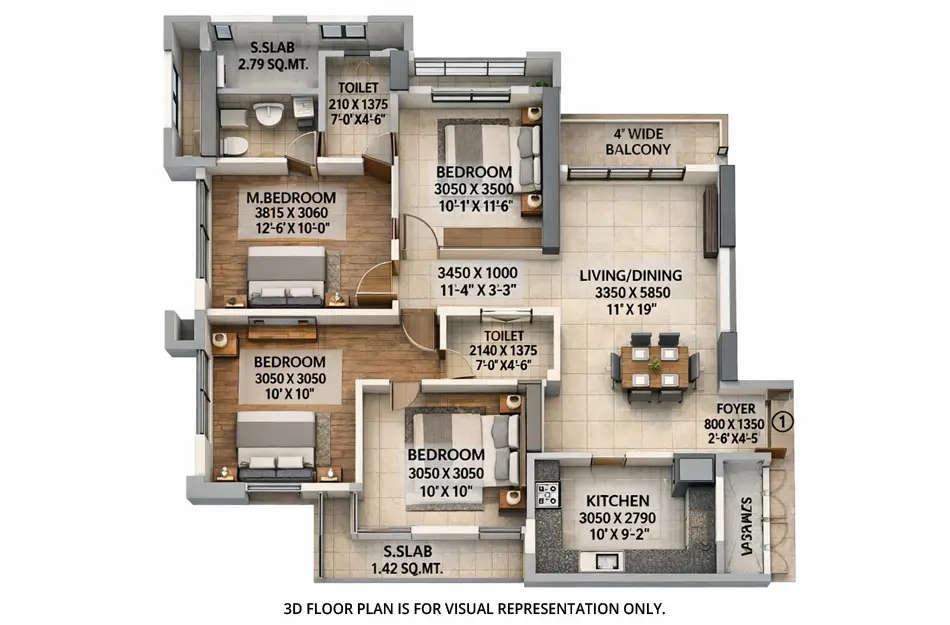 Floor plan for 3 BHK