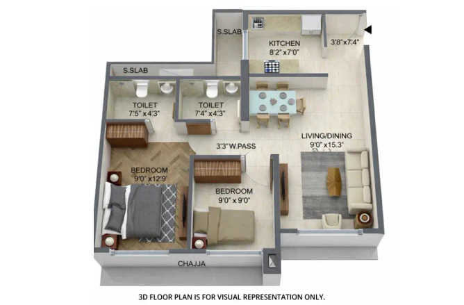 Runwal Enchanted Kolshet - Floor plan 2 BHK 631 Sq.ft