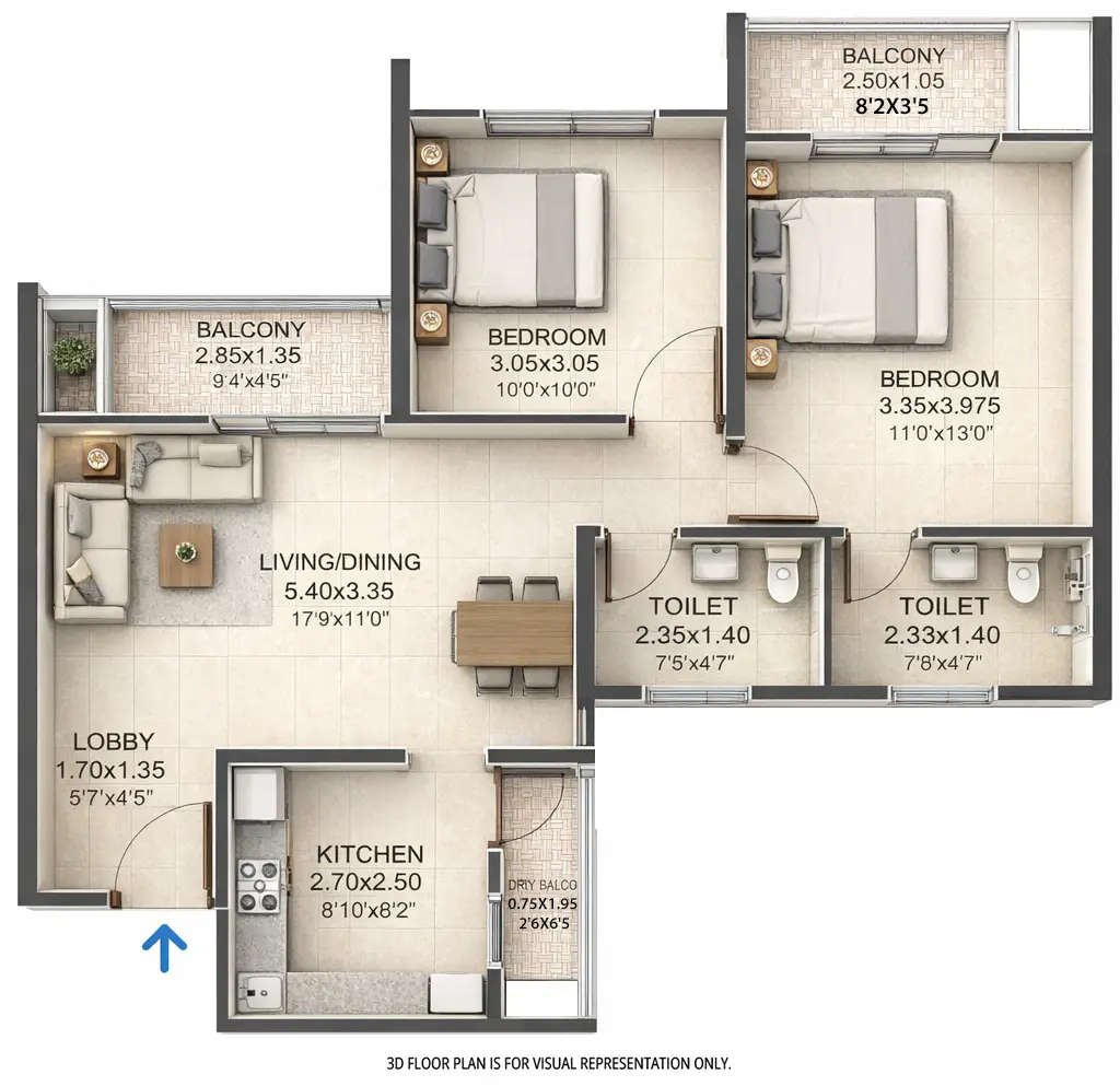 Floor plan for 2 BHK