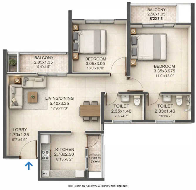 VTP Skylights Baner - Floor plan 2 BHK 751 Sq.ft