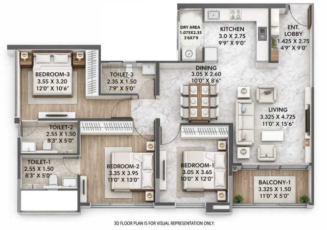 Mantra Meridian Balewadi - Floor plan 3 BHK 1070 Sq.ft