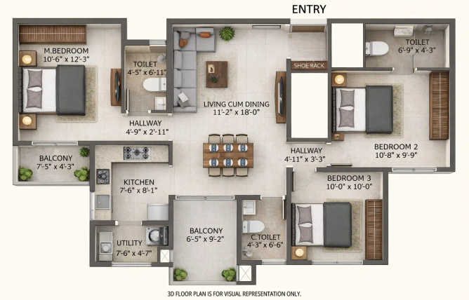 Sowparnika Euphoria Whitefield - Floor plan 3 BHK 1384 Sq.ft