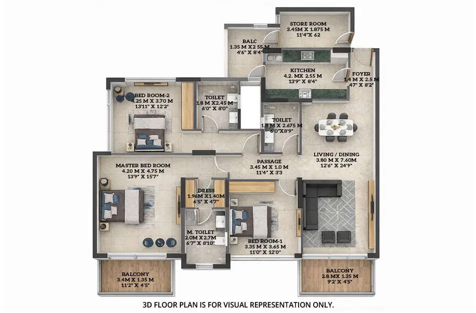 Floor plan for 3 BHK