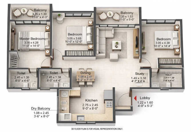 Kohinoor Royale Towers Hinjewadi - Floor plan 3 BHK 1089 Sq.ft