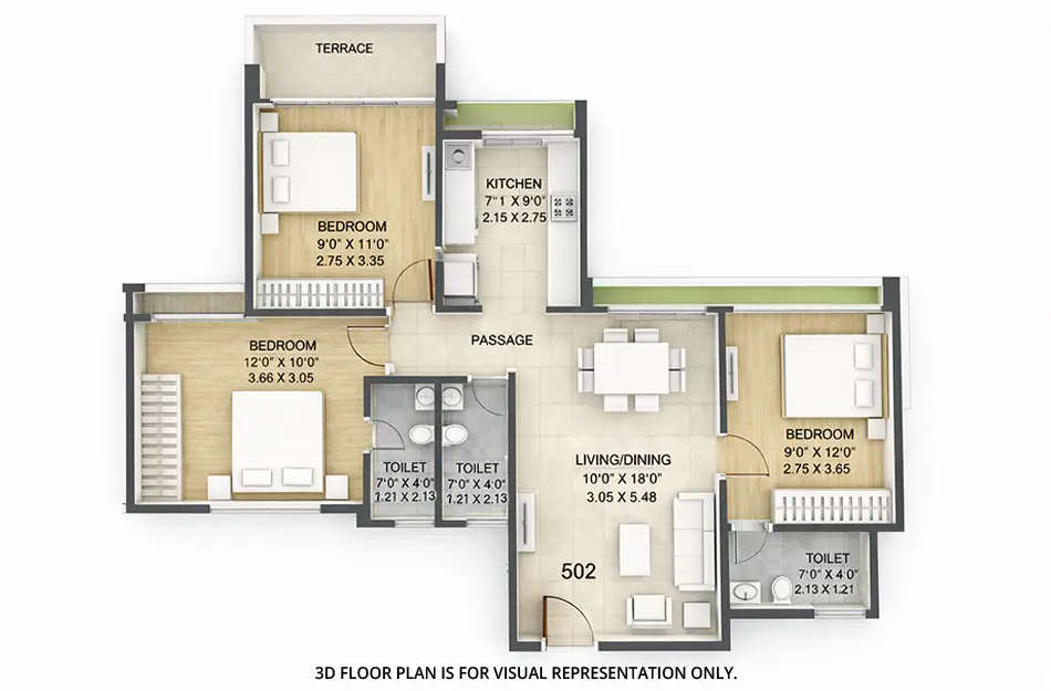 Floor plan for 3 BHK