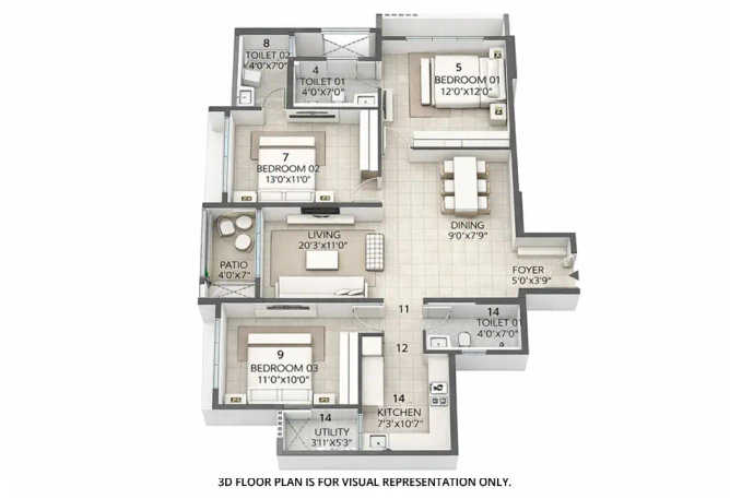 Rustomjee La Vie Majiwada - Floor plan 3 BHK 932 Sq.ft