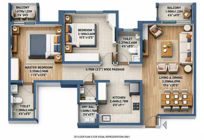 Birla Evam Manjri BK - Floor plan 2 BHK 805 Sq.ft