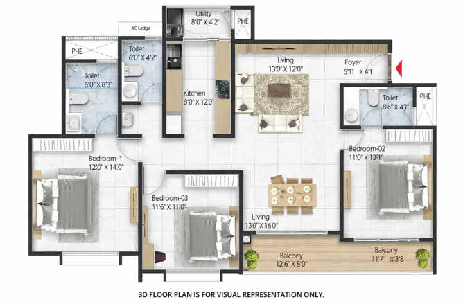 Prestige Pallavaram Gardens Pallavaram - Floor plan 2 BHK 1229 Sq.ft