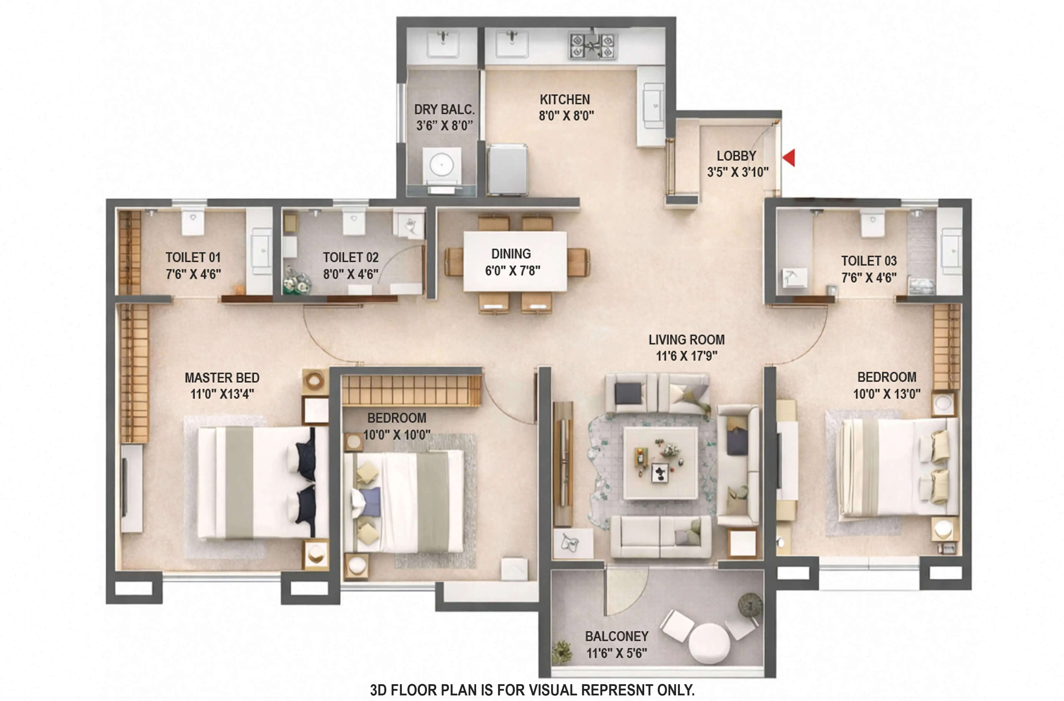 Floor plan for 3 BHK