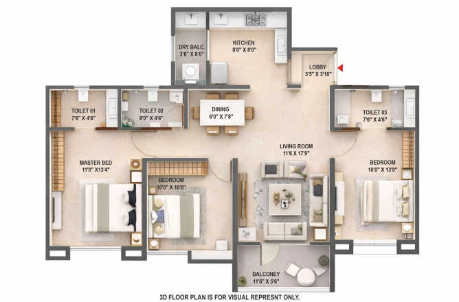 Kohinoor Greentastic Kharadi - Floor plan 3 BHK 989 Sq.ft