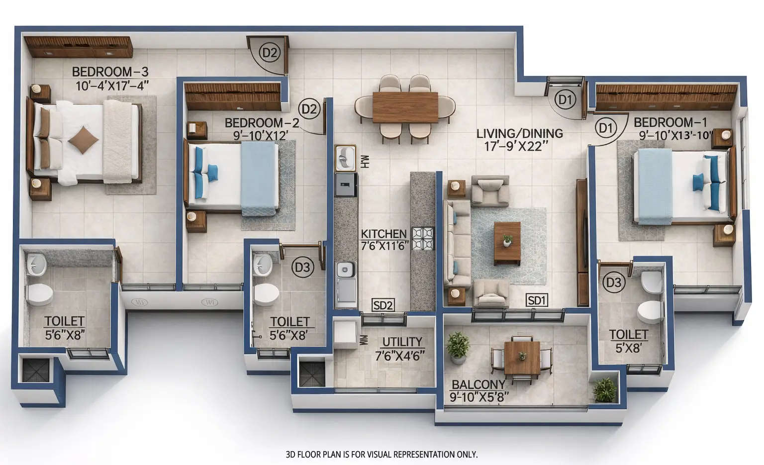 Floor plan for 3 BHK