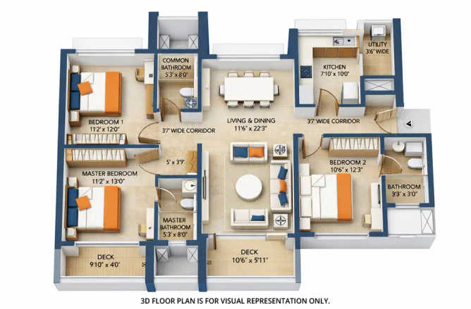 Wadhwa Courtyard Pokhran Road 2 - Floor plan 3 BHK 1307 Sq.ft