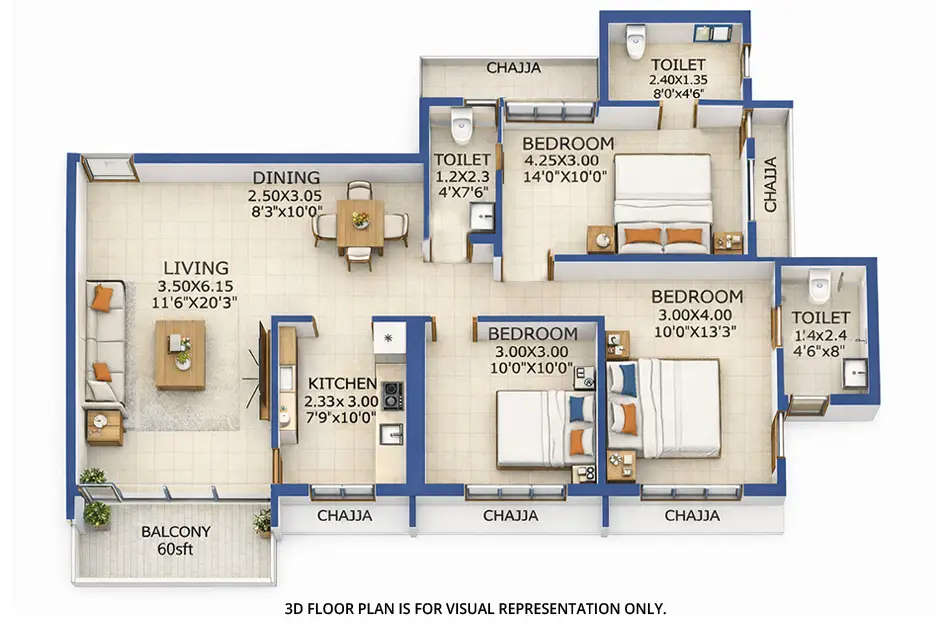 Floor plan for 3 BHK