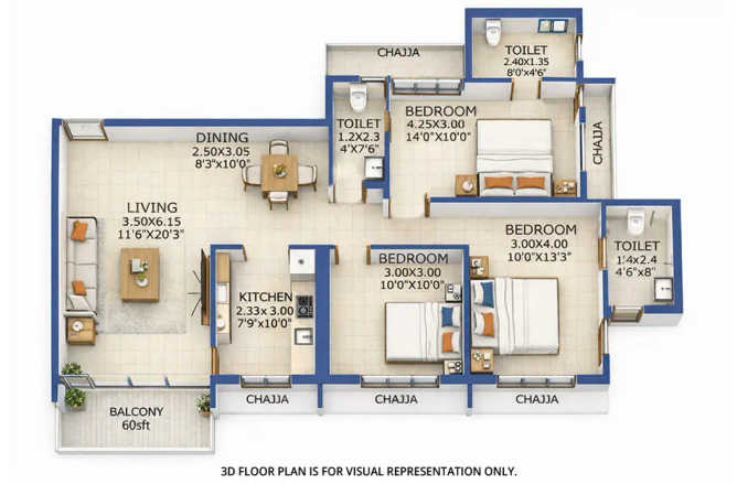 Juhi Empressa Sanpada - Floor plan 3 BHK 941 Sq.ft