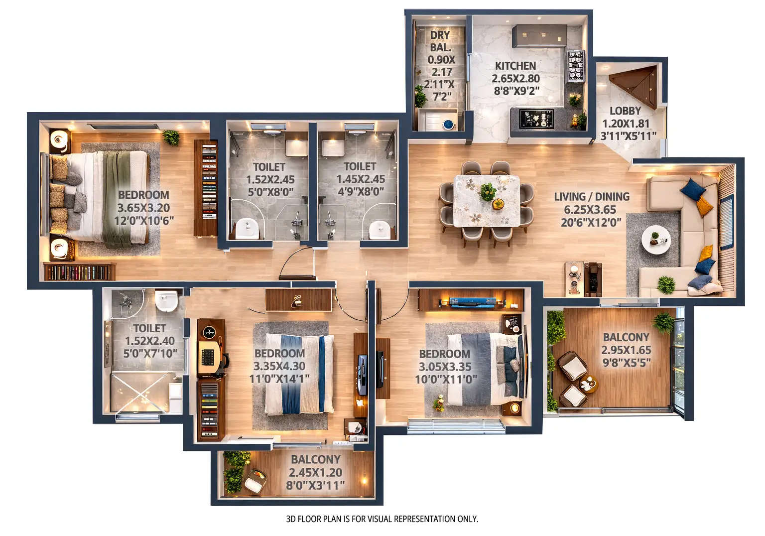 Floor plan for 3 BHK