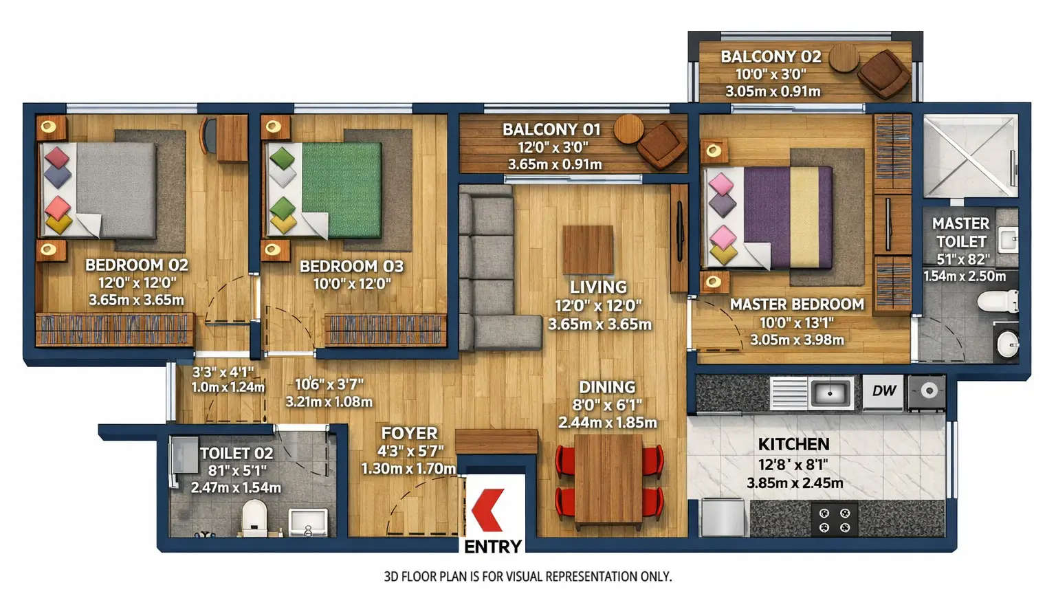 Floor plan for 3 BHK