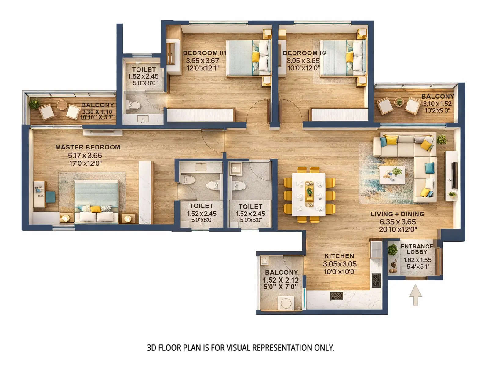 Floor plan for 3 BHK