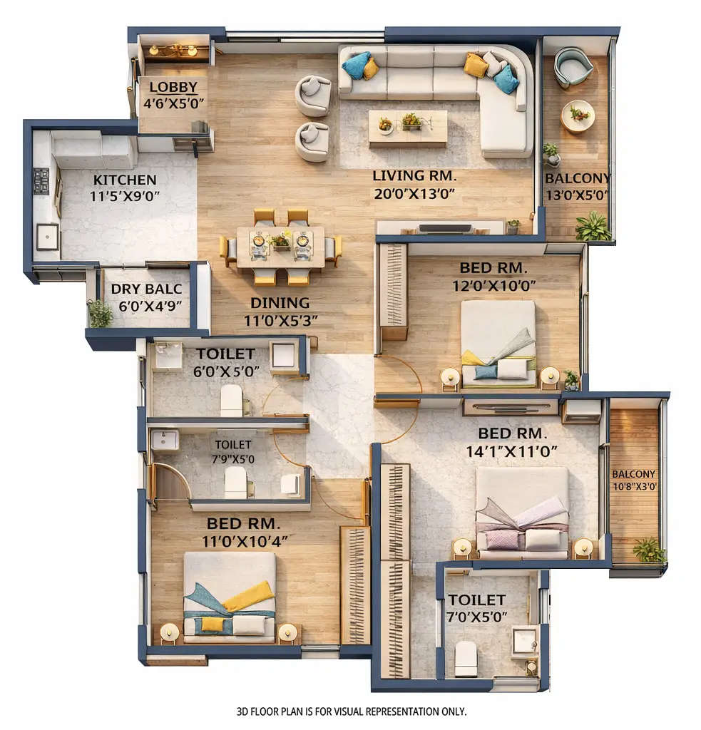Floor plan for 3 BHK