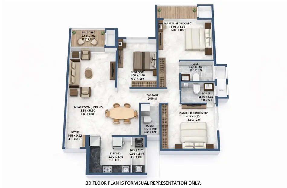 Floor plan for 3 BHK