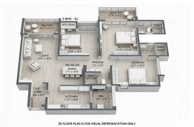 Pride World City Charholi - Floor plan 3 BHK 1160 Sq.ft