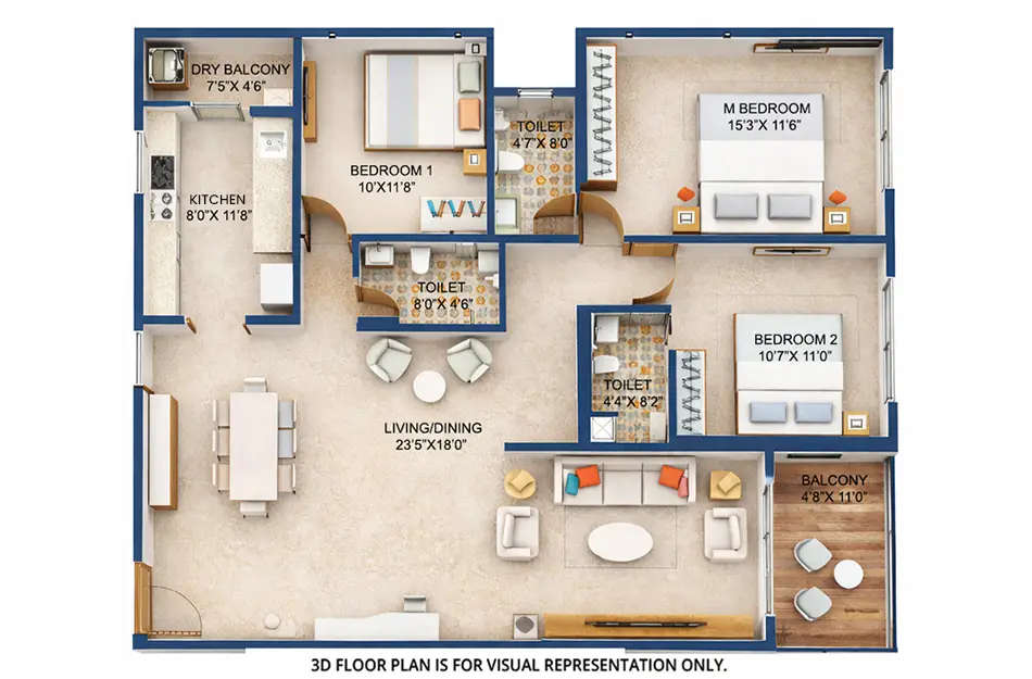 Floor plan for 3 BHK
