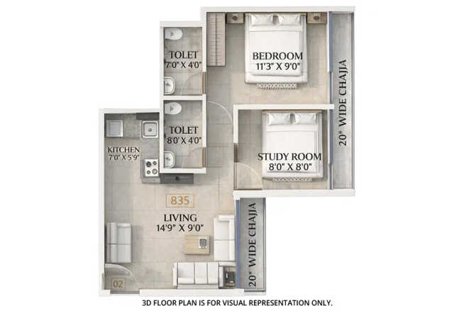 Gami Tiara Taloja - Floor plan 2 BHK 835 Sq.ft