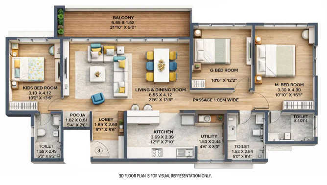 Kalpataru Blossoms Vadgaon Budruk - Floor plan 3 BHK 1600 Sq.ft