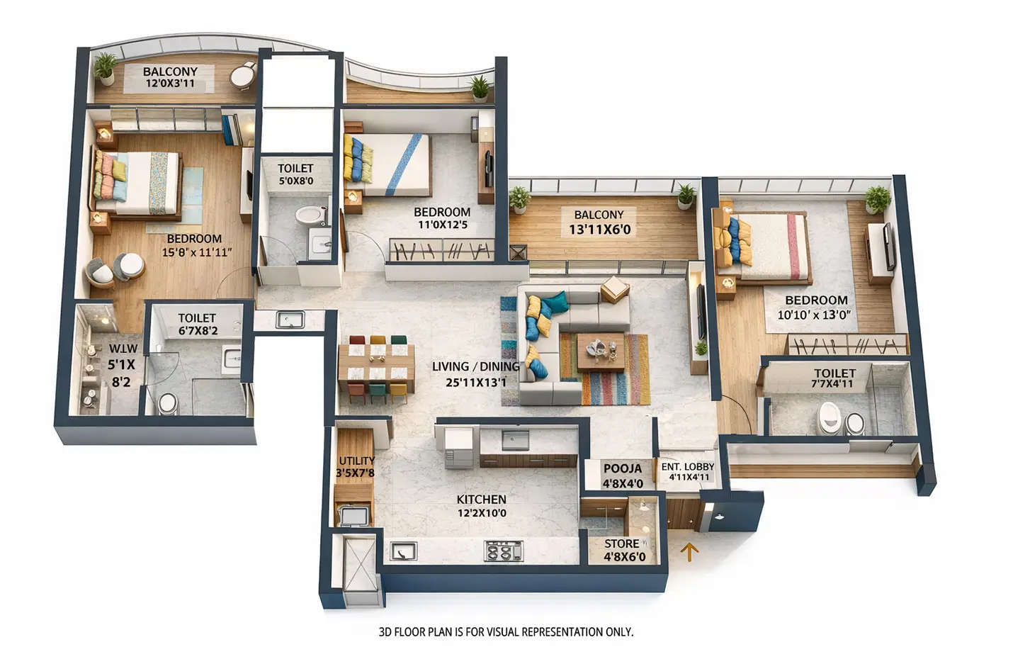 Floor plan for 3 BHK