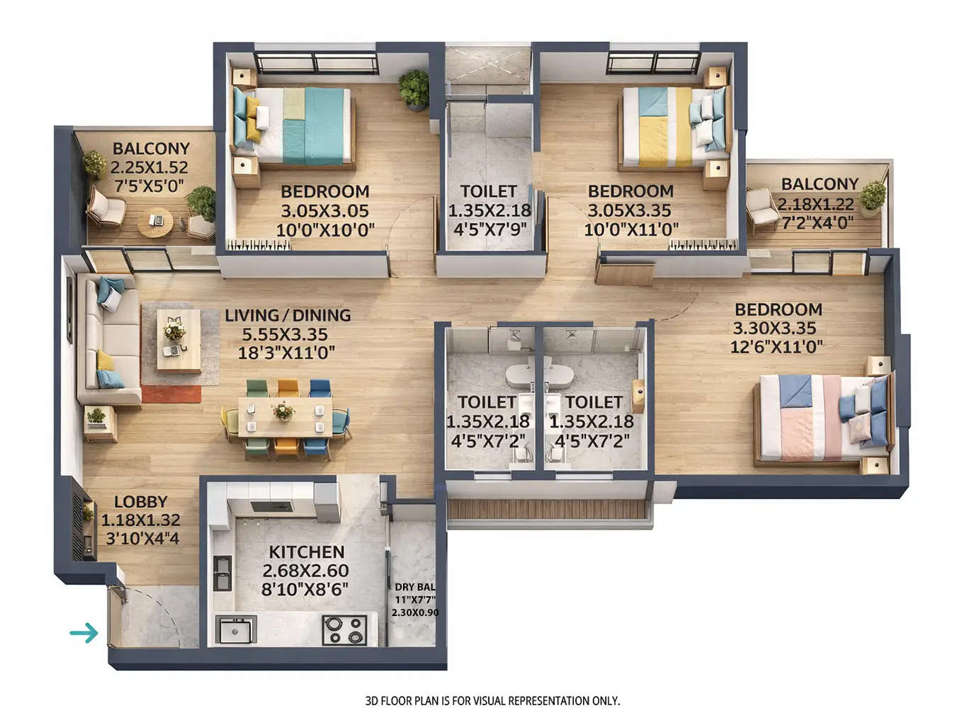 Floor plan for 3 BHK