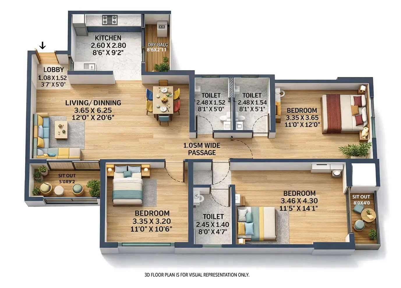 VTP Monarque Hinjewadi - Floor plan 3 BHK 1094 Sq.ft