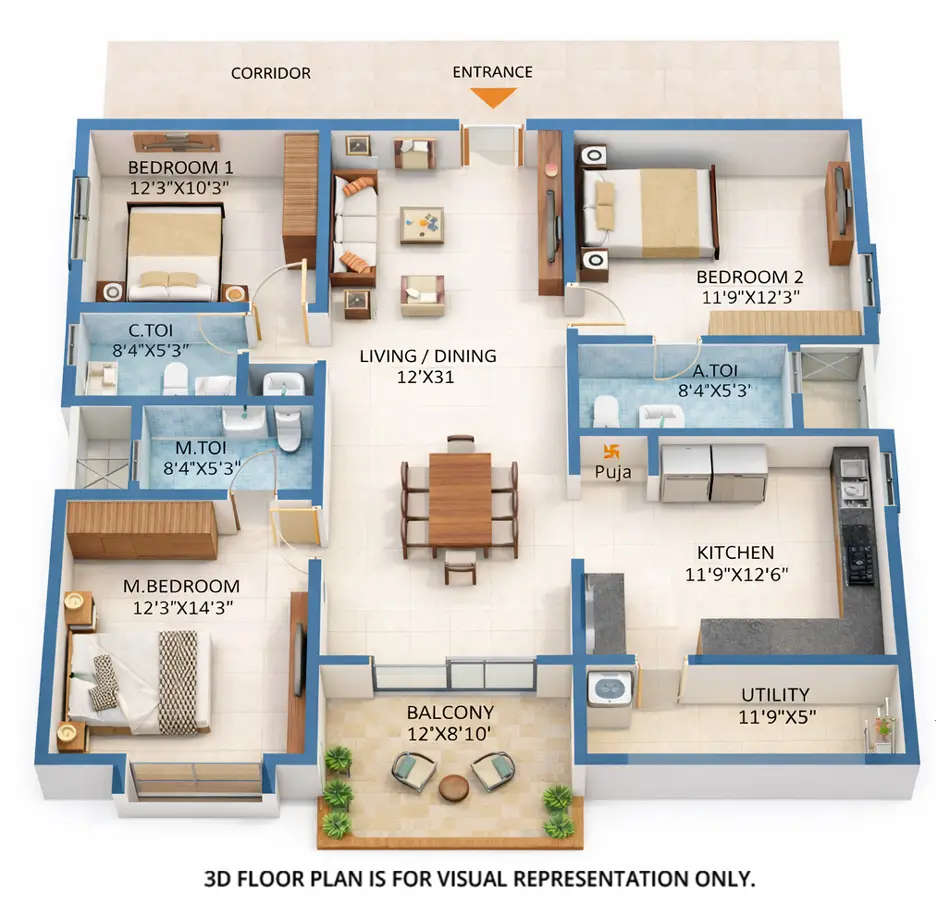 SRIAS Tiara Miyapur - Floor plan 3 BHK 1860 Sq.ft