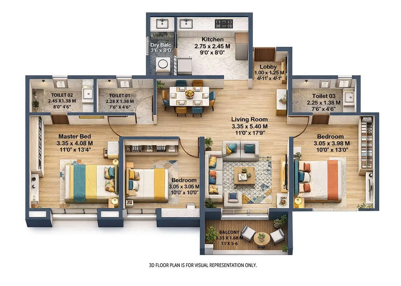 Kohinoor Riverdale Kharadi - Floor plan 3 BHK 989 Sq.ft