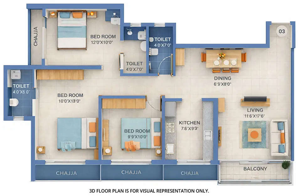 Gajra Bhoomi Serenity Kharghar - Floor plan 3 BHK 1020 Sq.ft