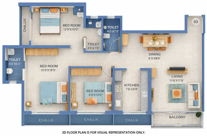 Gajra Bhoomi Serenity Kharghar - Floor plan 3 BHK 1020 Sq.ft