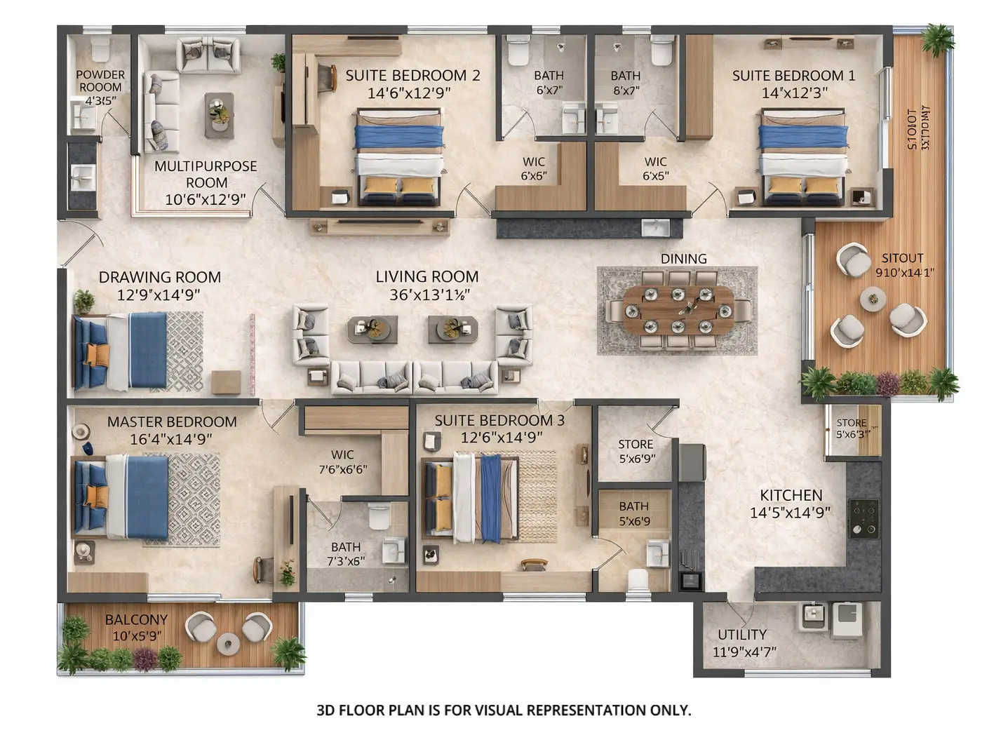 SRIAS IWA Khajaguda - Floor plan 4 BHK 3605 Sq.ft