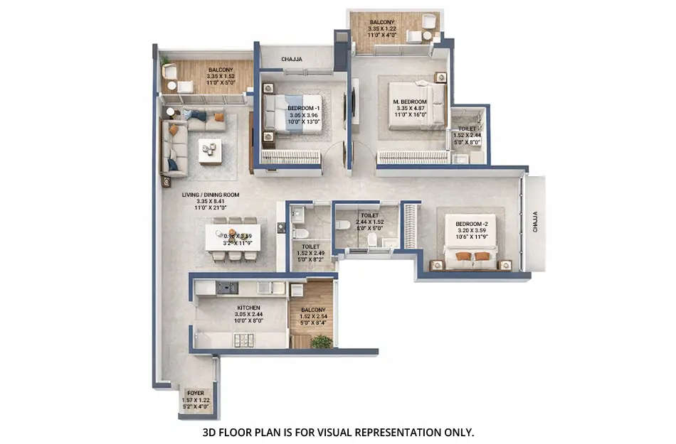 Godrej Varanya Kharghar - Floor plan 3 BHK 1200 Sq.ft