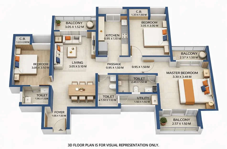 Godrej The Last Gem Ghodbunder Road - Floor plan 3 BHK 922 Sq.ft