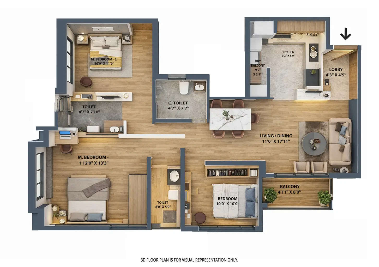 VTP Cielo Bavdhan - Floor plan 3 BHK 975 Sq.ft